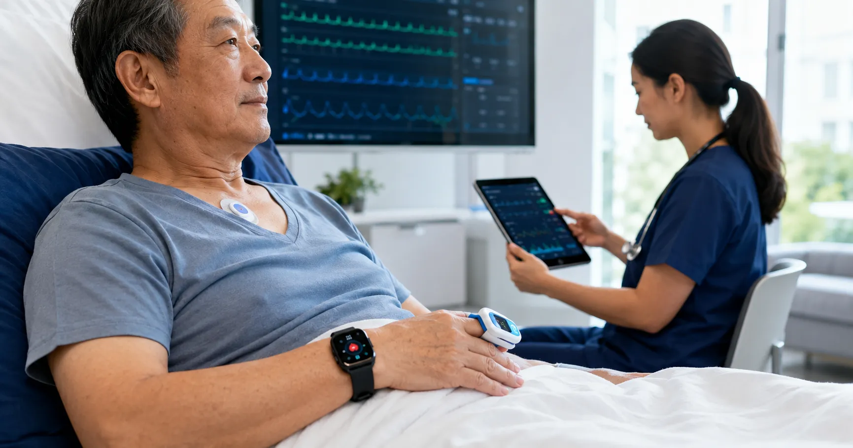 Healthcare team reviewing wearable medical devices for continuous patient monitoring with sensors, p