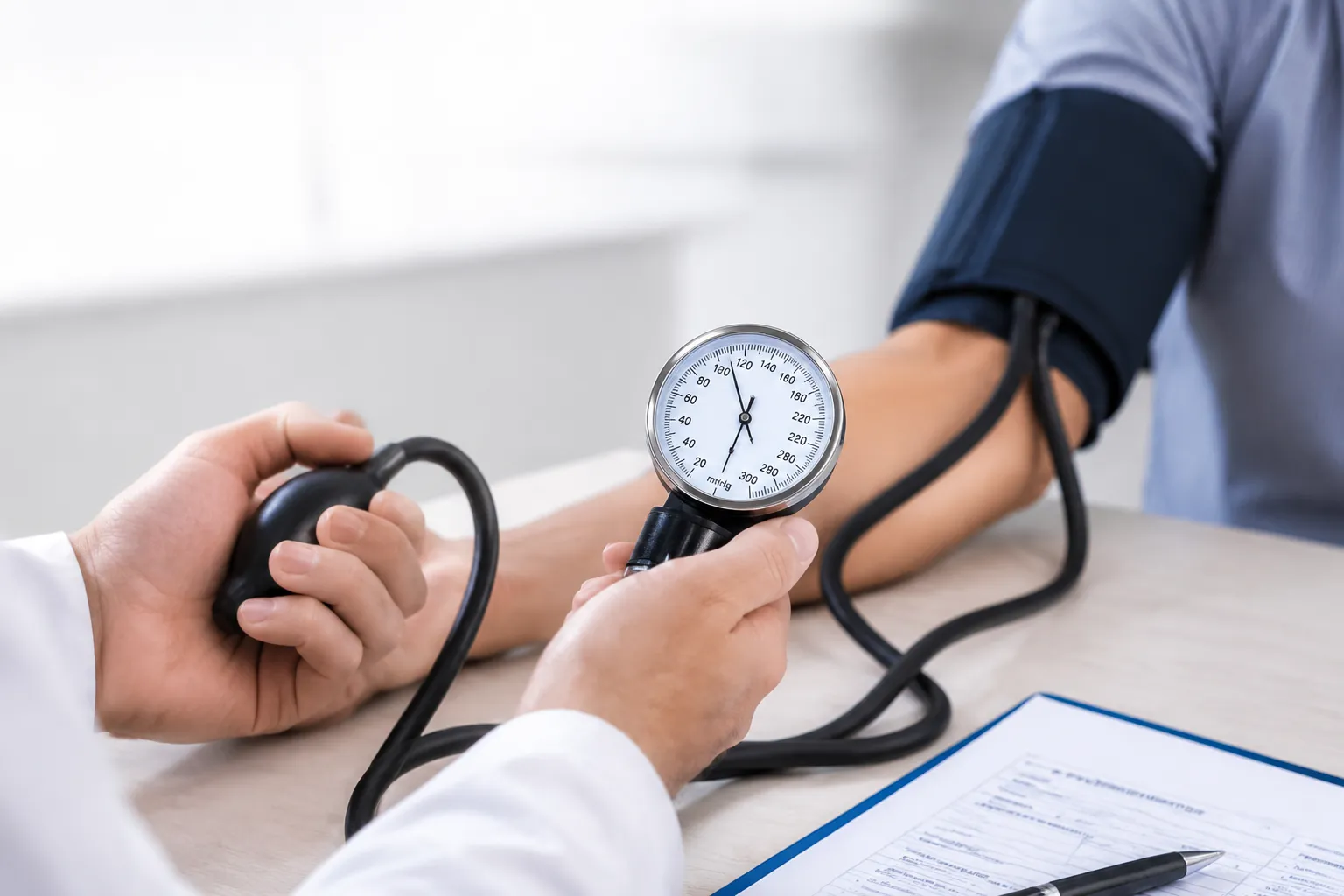 Clinician using an aneroid sphygmomanometer with stethoscope on a patient's upper arm showing correc