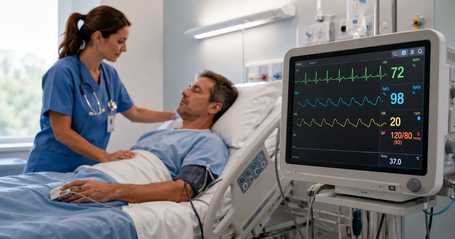Cardiac ward patient wearing a telemetry transmitter clipped to their gown walking the corridor whil
