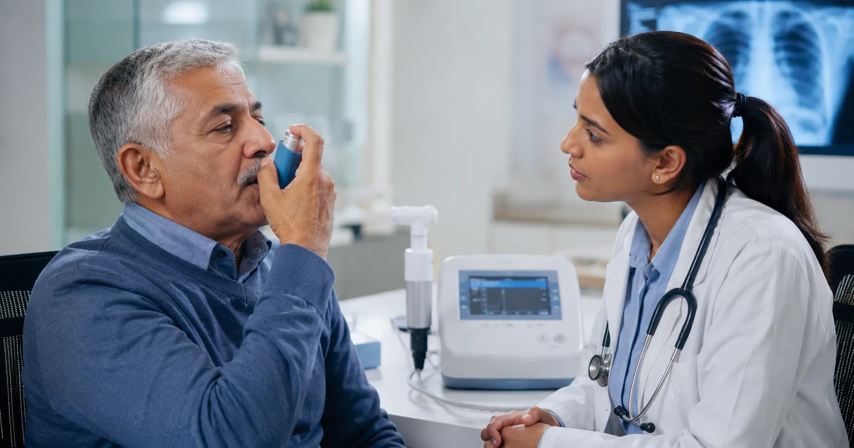 Patient using a metered-dose inhaler with a spacer device for asthma management with a nebuliser and