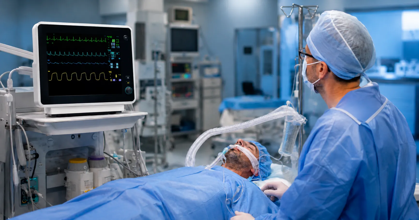 Anaesthetic machine capnography monitor showing a normal square EtCO2 waveform at thirty-eight milli