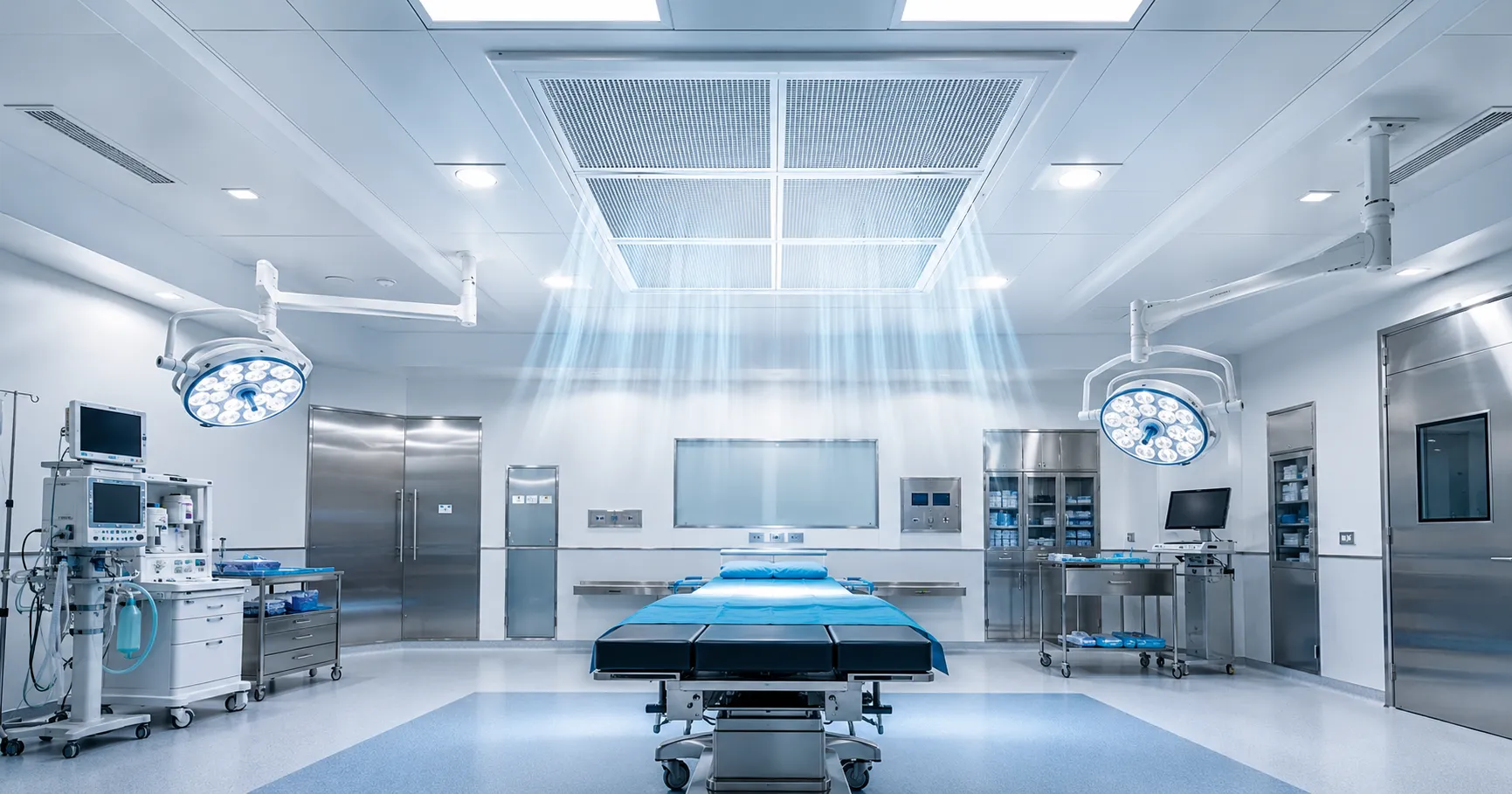 Modern operating room equipped with a laminar air flow system ensuring sterile, unidirectional airfl