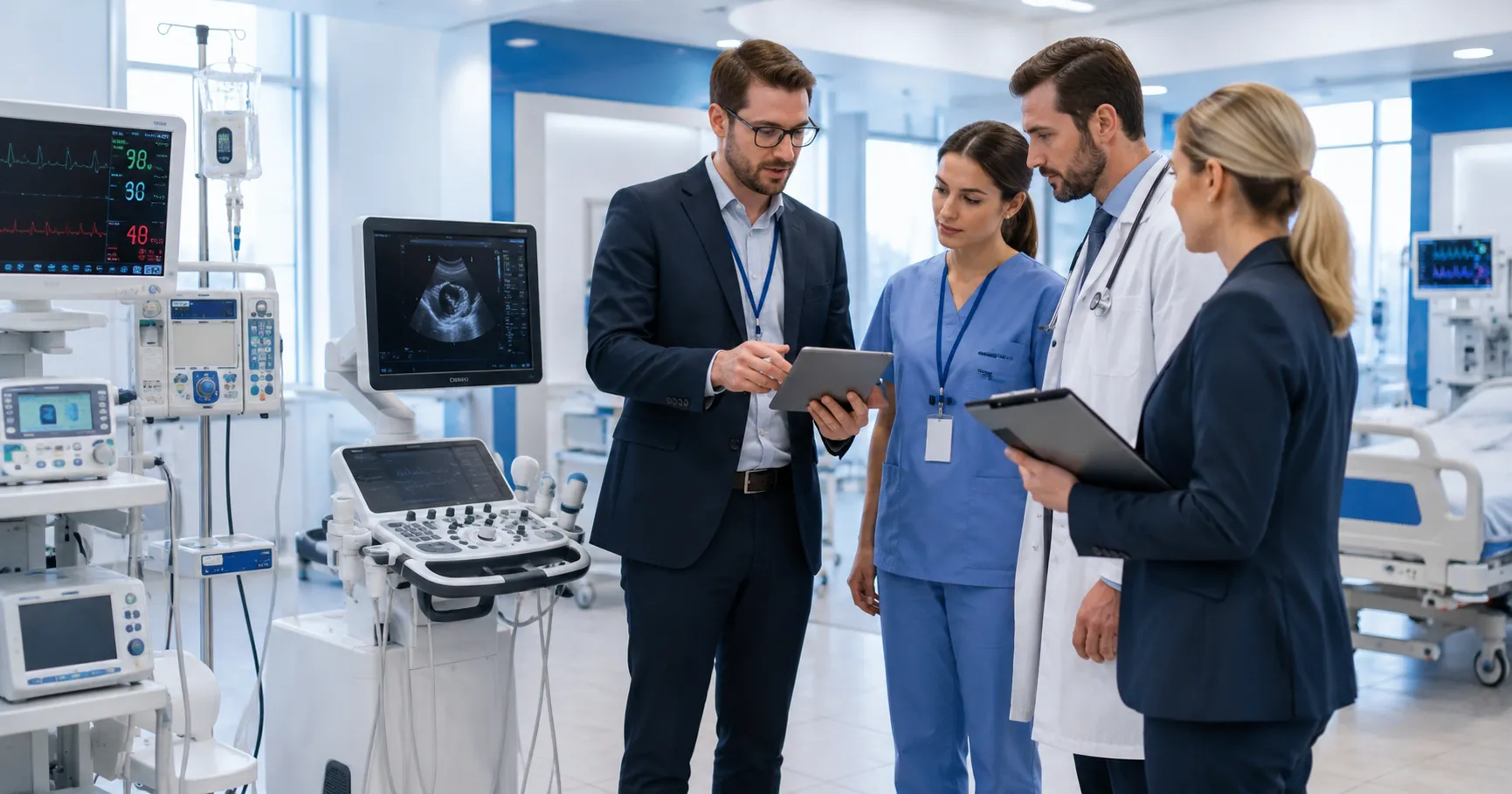 Healthcare procurement team evaluating a reliable medical equipment supplier with device specificati