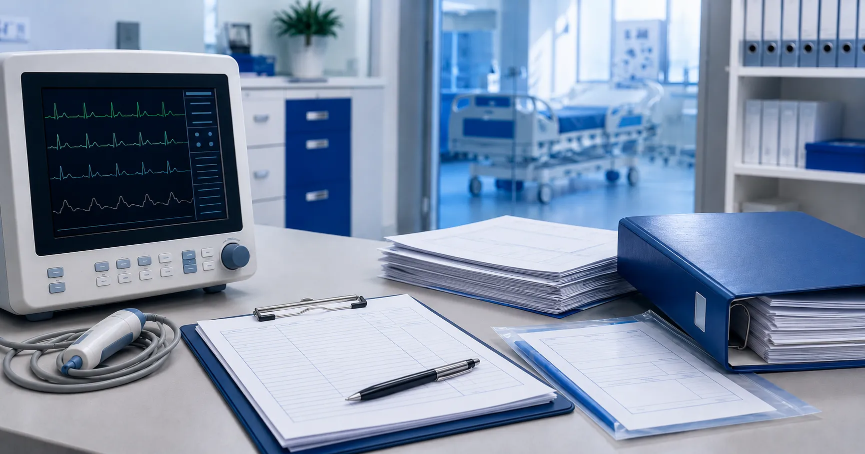 Medical equipment documentation including technical specifications, user manuals, maintenance record