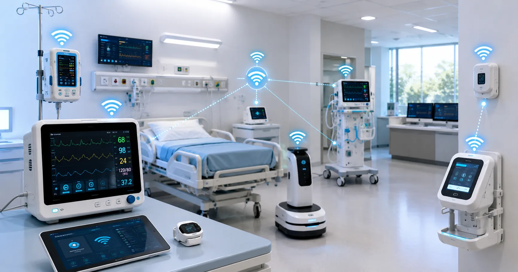 Healthcare team using wireless medical equipment with connected patient monitors, mobile devices, ne