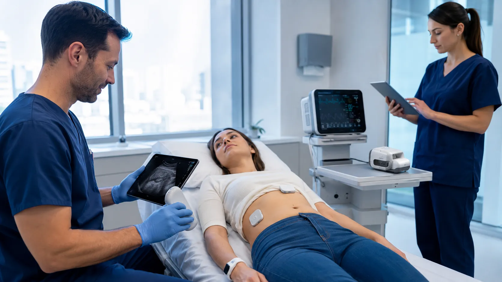 Healthcare technology team reviewing wireless medical equipment trends with connected devices, smart