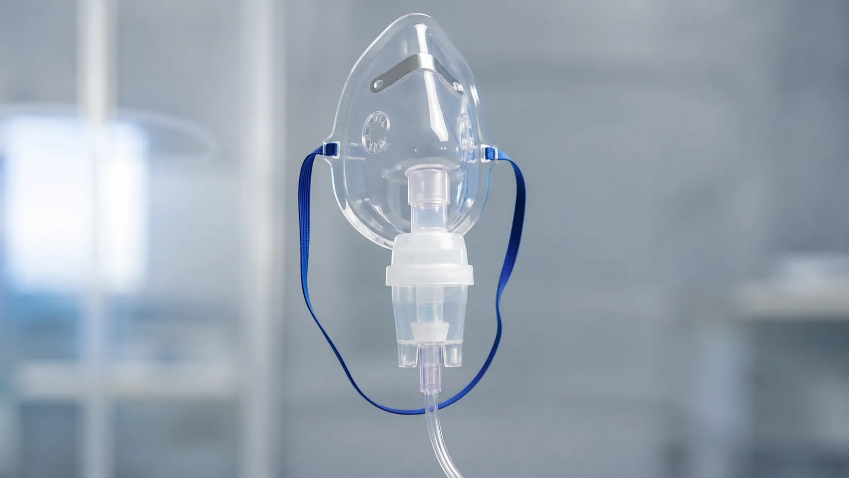 Paediatric aerosol mask fitted to a nebuliser chamber with tubing delivering medicated mist to a pat