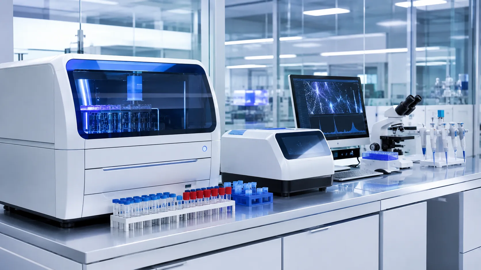 AI-enabled infectious disease diagnostic equipment with automated laboratory analyzers, sample tubes, microscope, and digital analysis system in a modern clinical laboratory