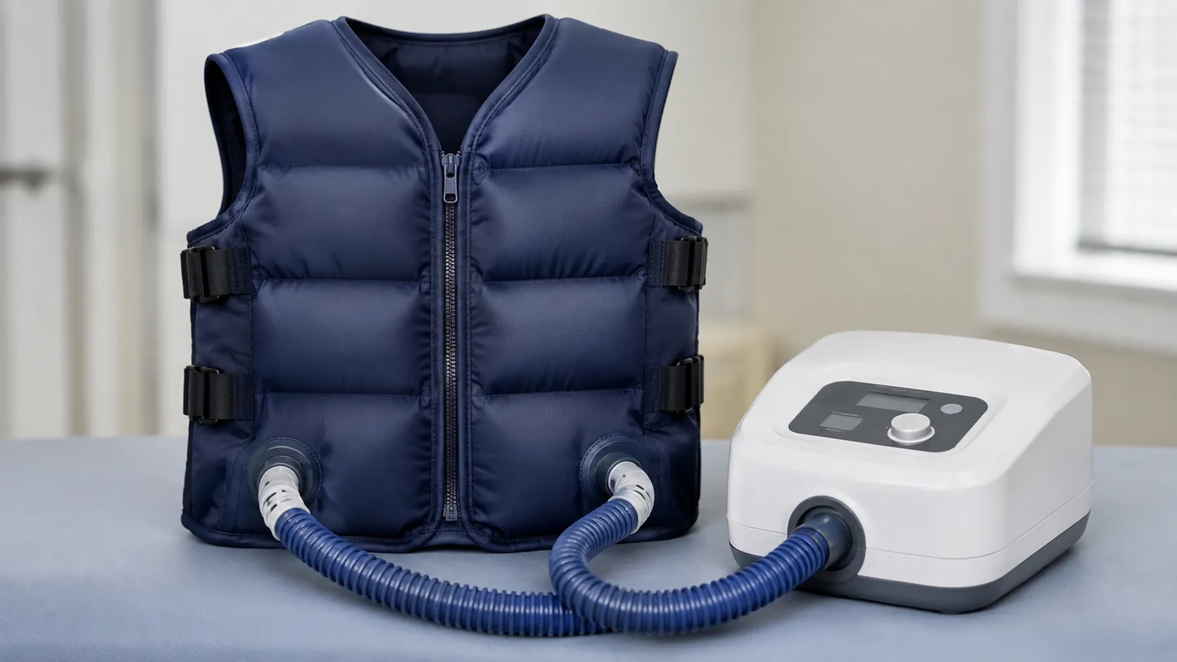 Patient wearing an inflatable airway clearance vest connected by hoses to an air-pulse generator dur