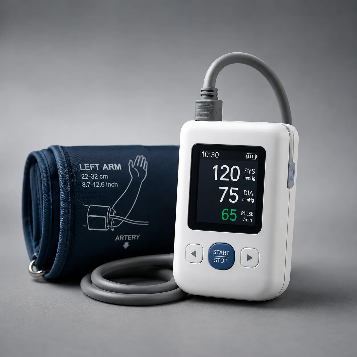 Patient wearing an ambulatory blood pressure monitor cuff and recorder on a belt during the day