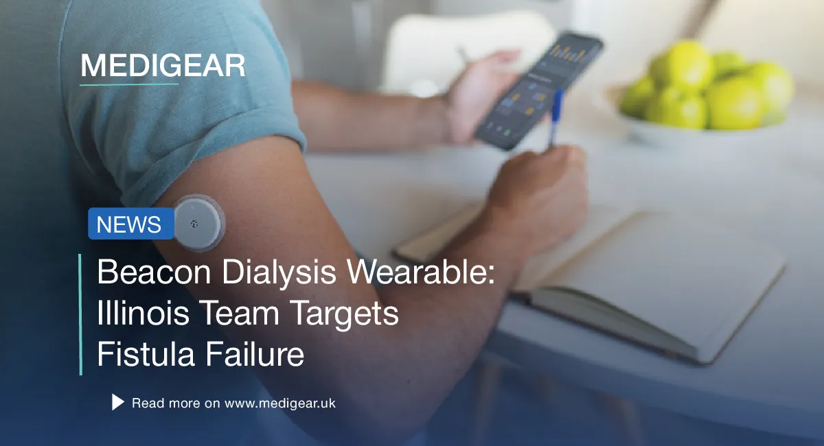 Diagram showing the Beacon dialysis wearable: non-invasive ultrasound alerts clinicians to AV fistul