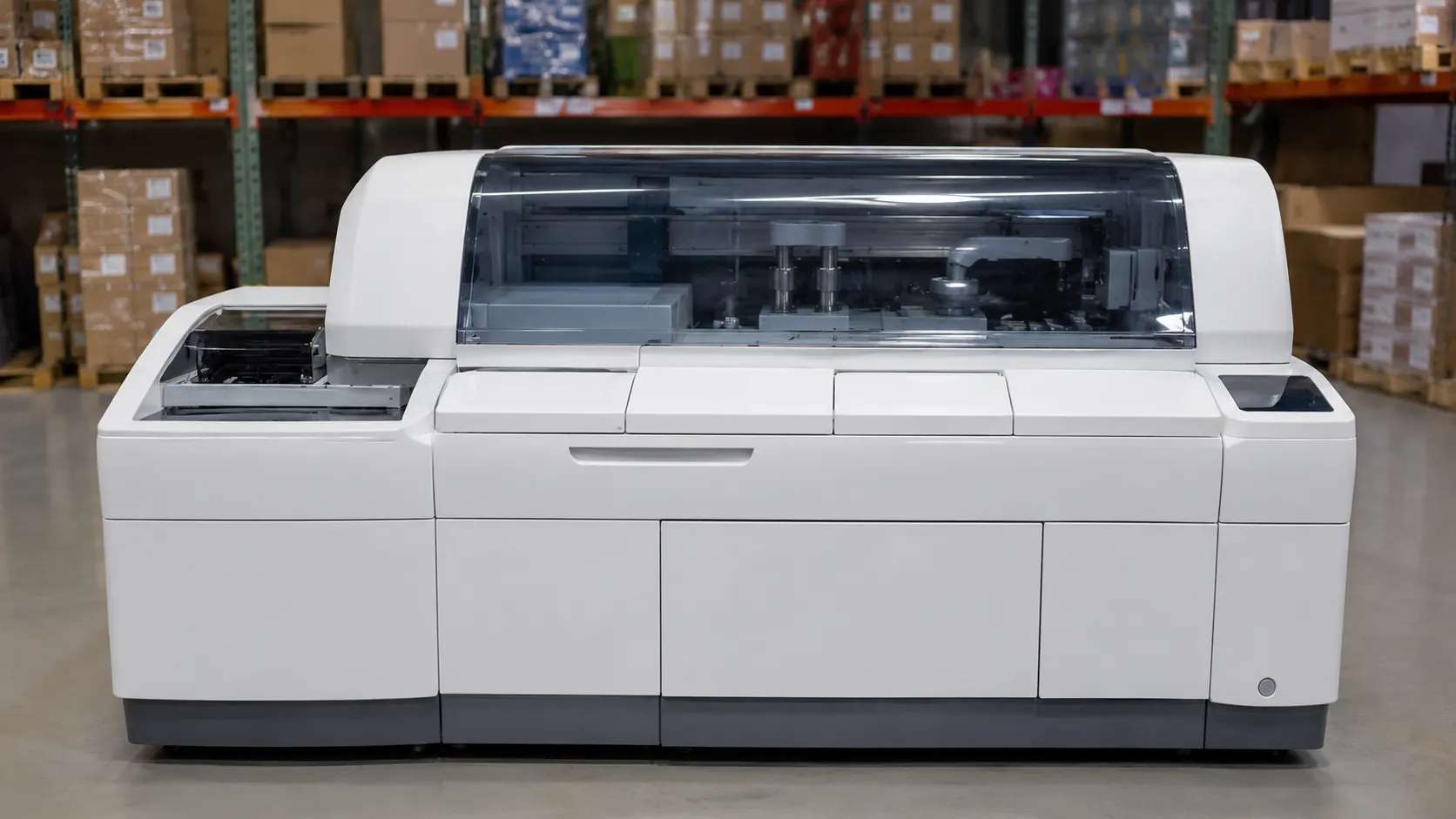 Automated clinical chemistry analyser with reagent packs and sample racks on a hospital biochemistry