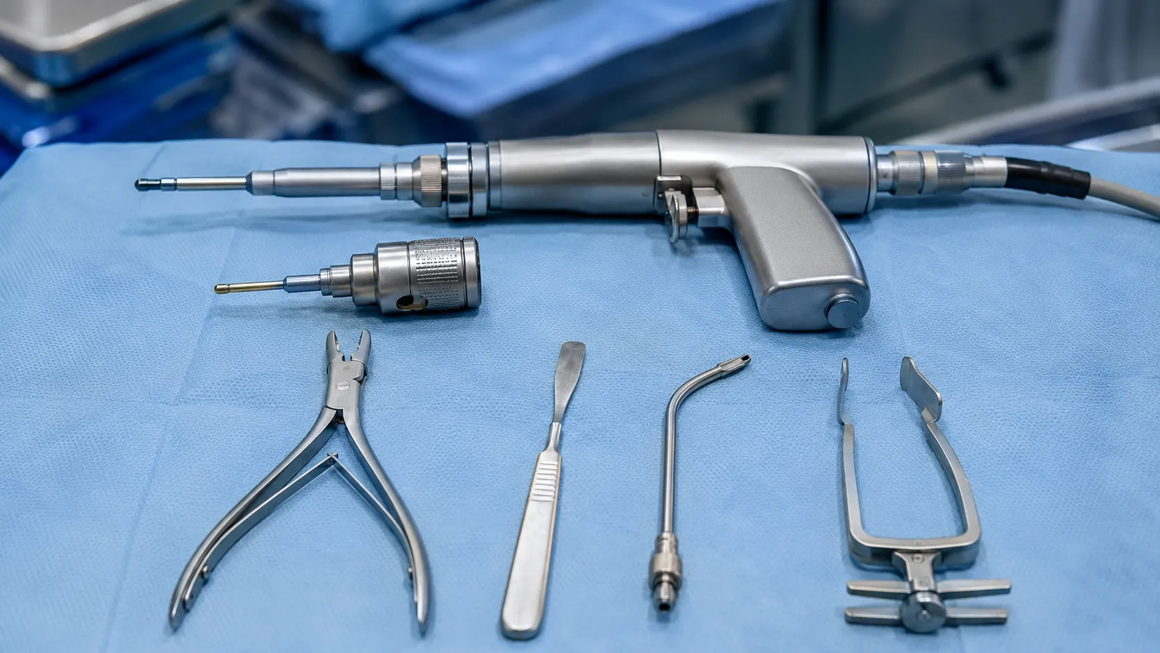 Craniotomy instrument tray with high-speed drill, perforator, bipolar forceps and cranial fixation p