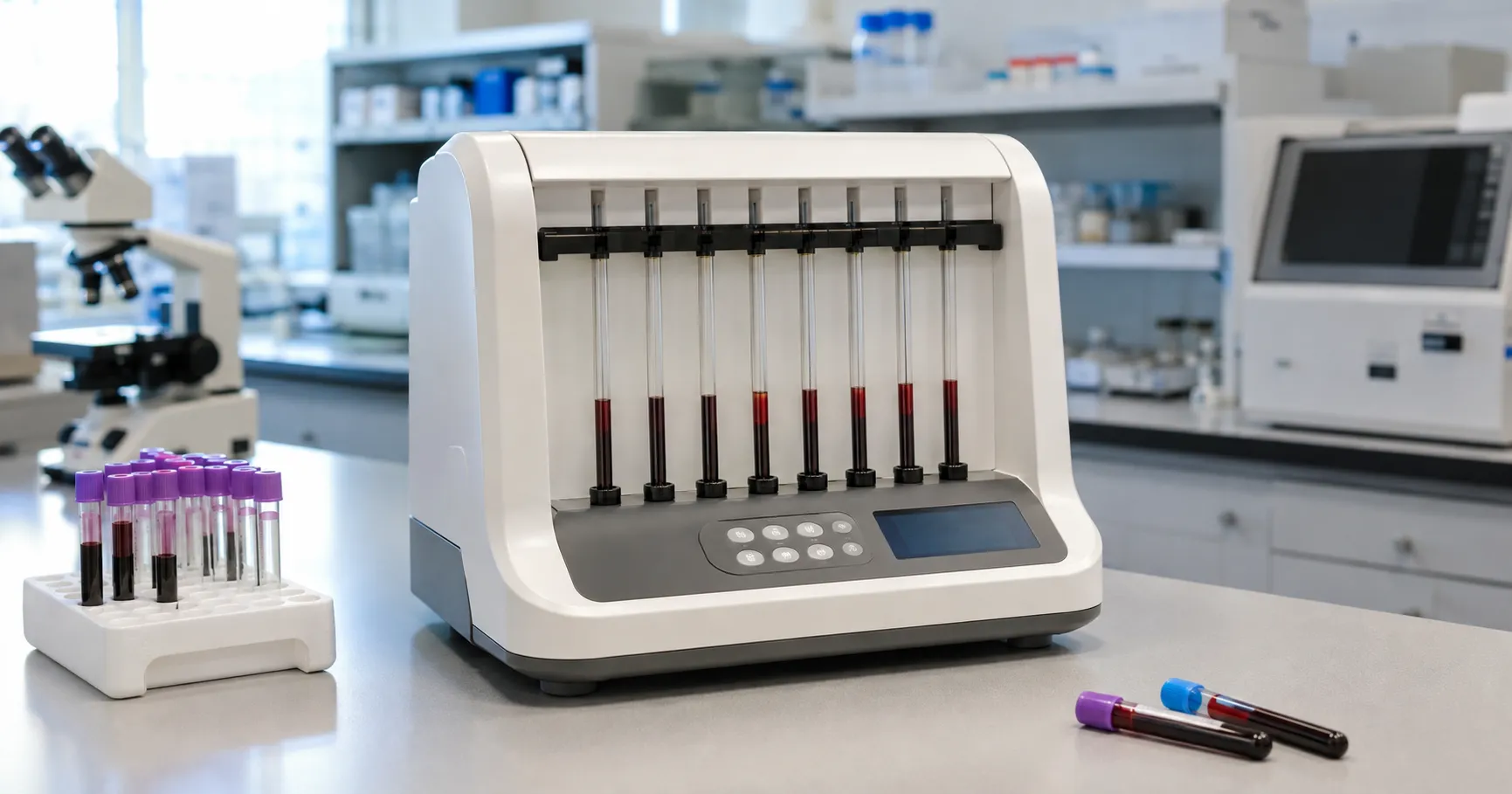 Laboratory scientist loading anticoagulated blood tubes into an automated erythrocyte sedimentation 