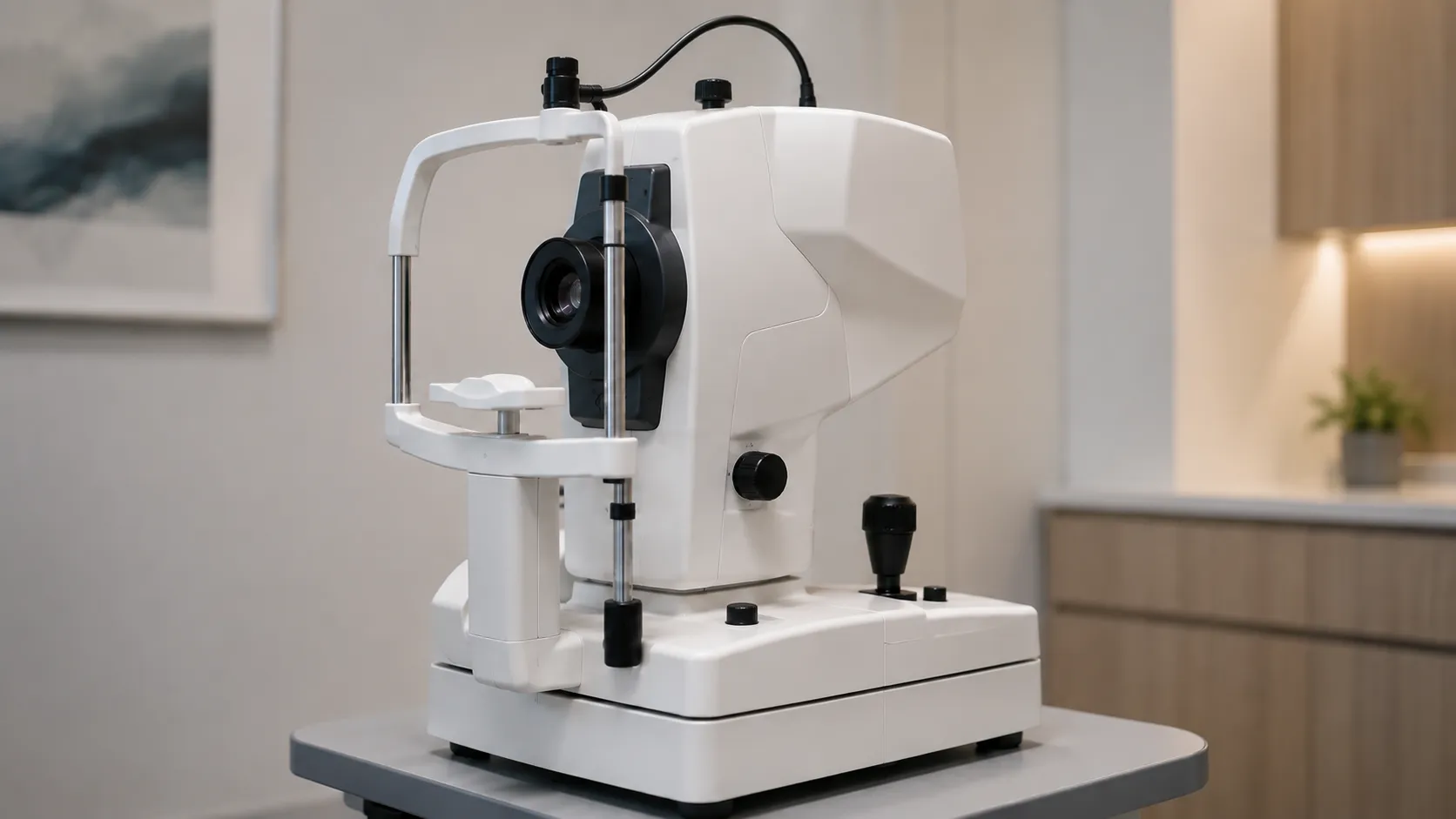 Technician capturing a colour retinal photograph of a seated patient using a tabletop non-mydriatic 