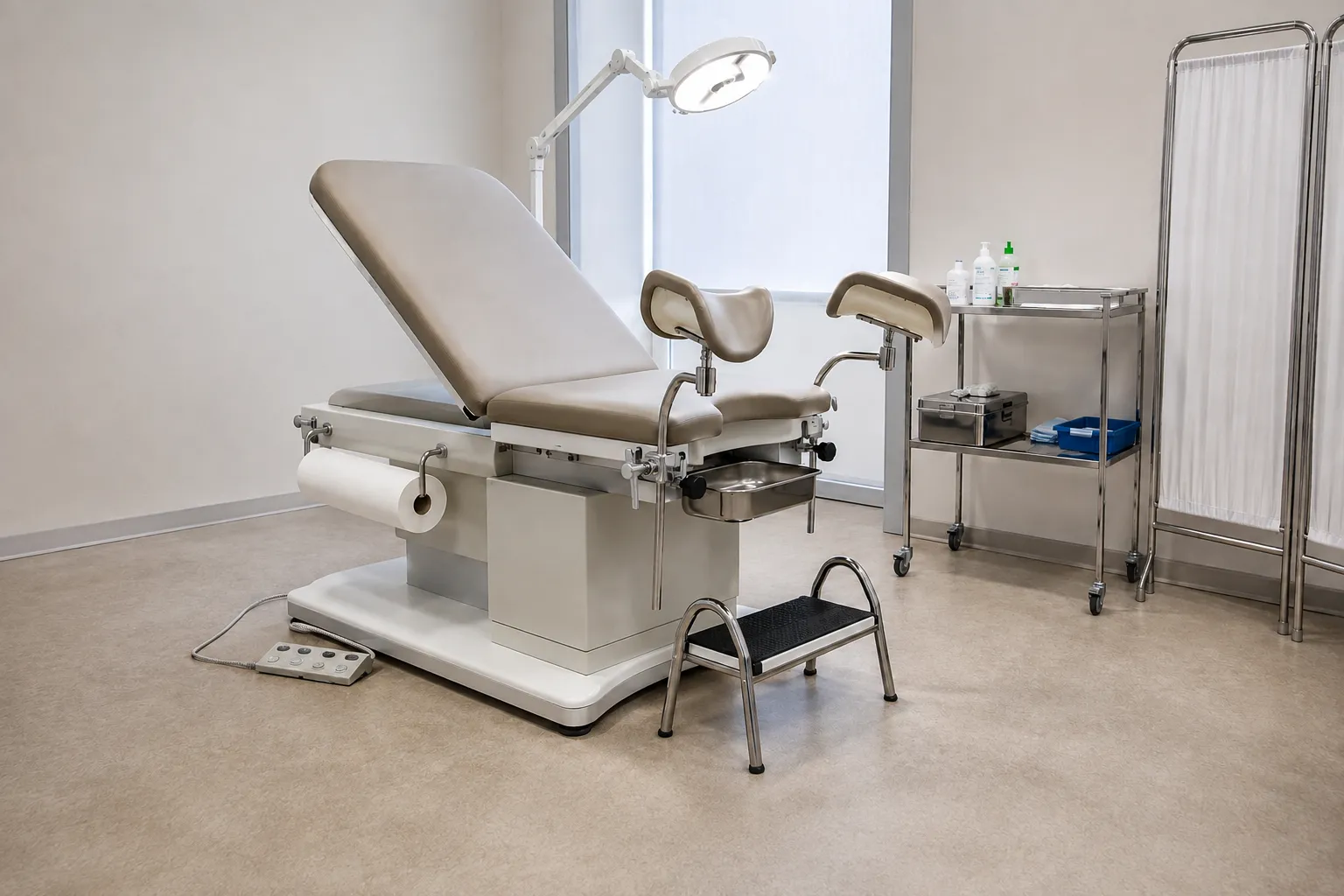 Powered gynaecological examination couch with padded leg supports and drop-down seat end in a clinic