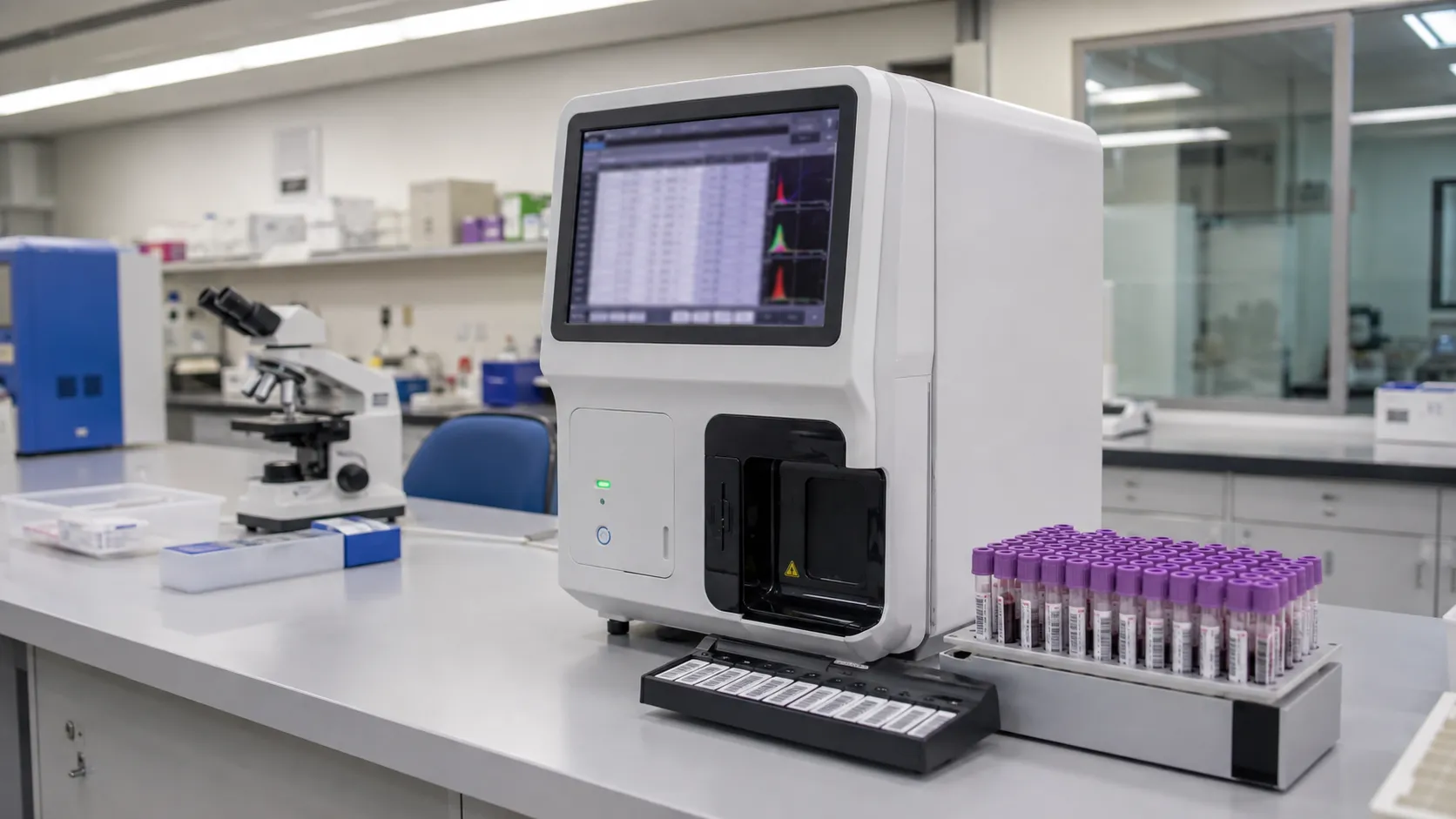 Benchtop haematology analyser with an autoloader rack of blood tubes on a pathology laboratory bench