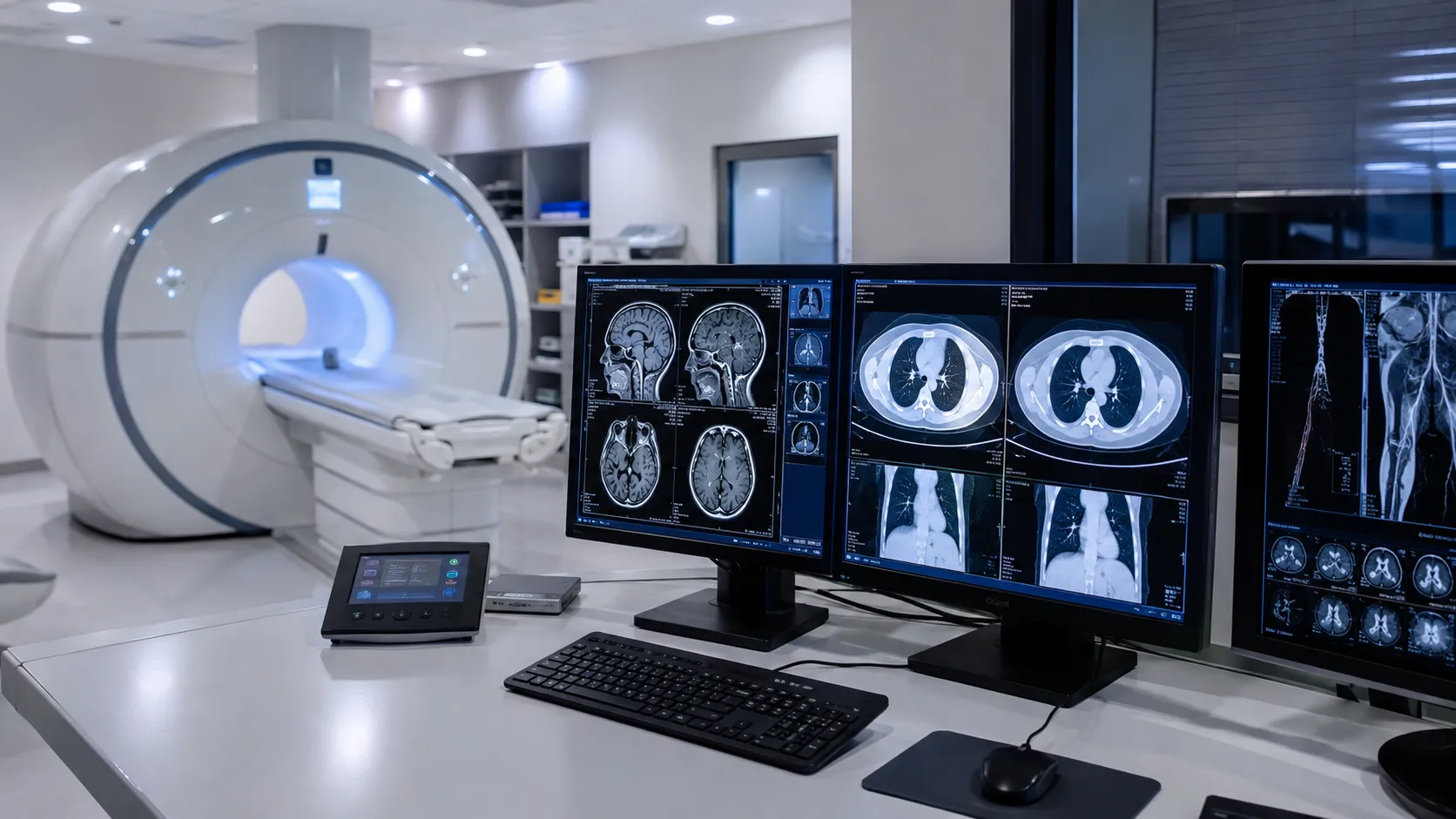 MRI control room with diagnostic imaging monitors and a modern MRI scanner visible through the observation window.