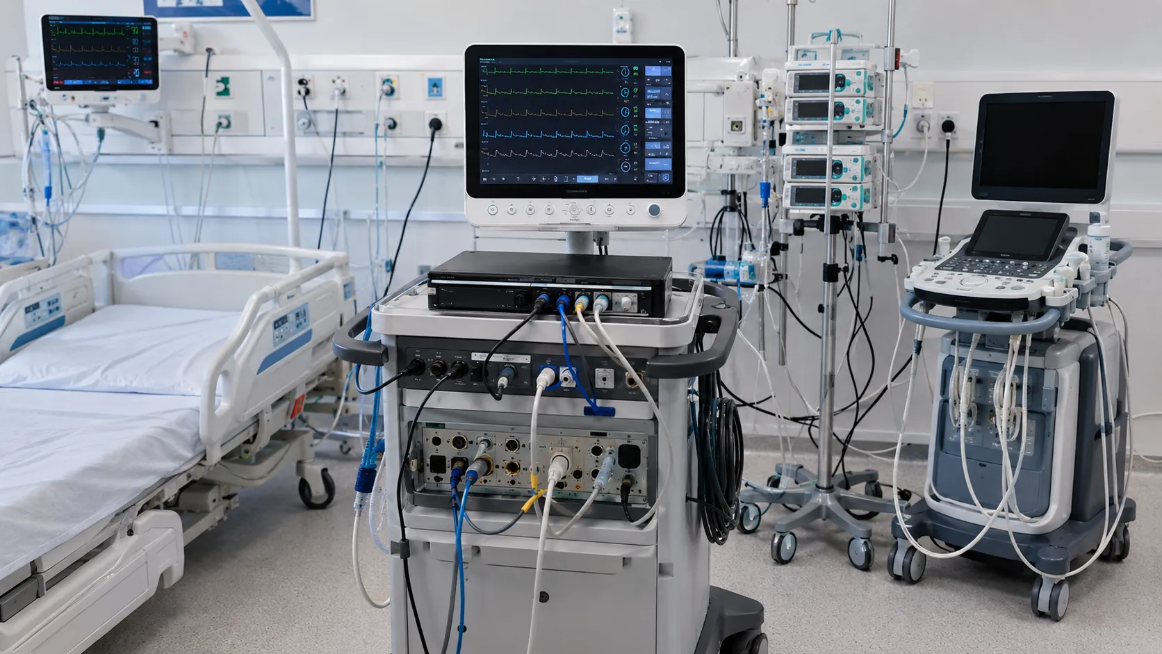 Hospital team assessing interoperability between connected medical equipment and clinical systems