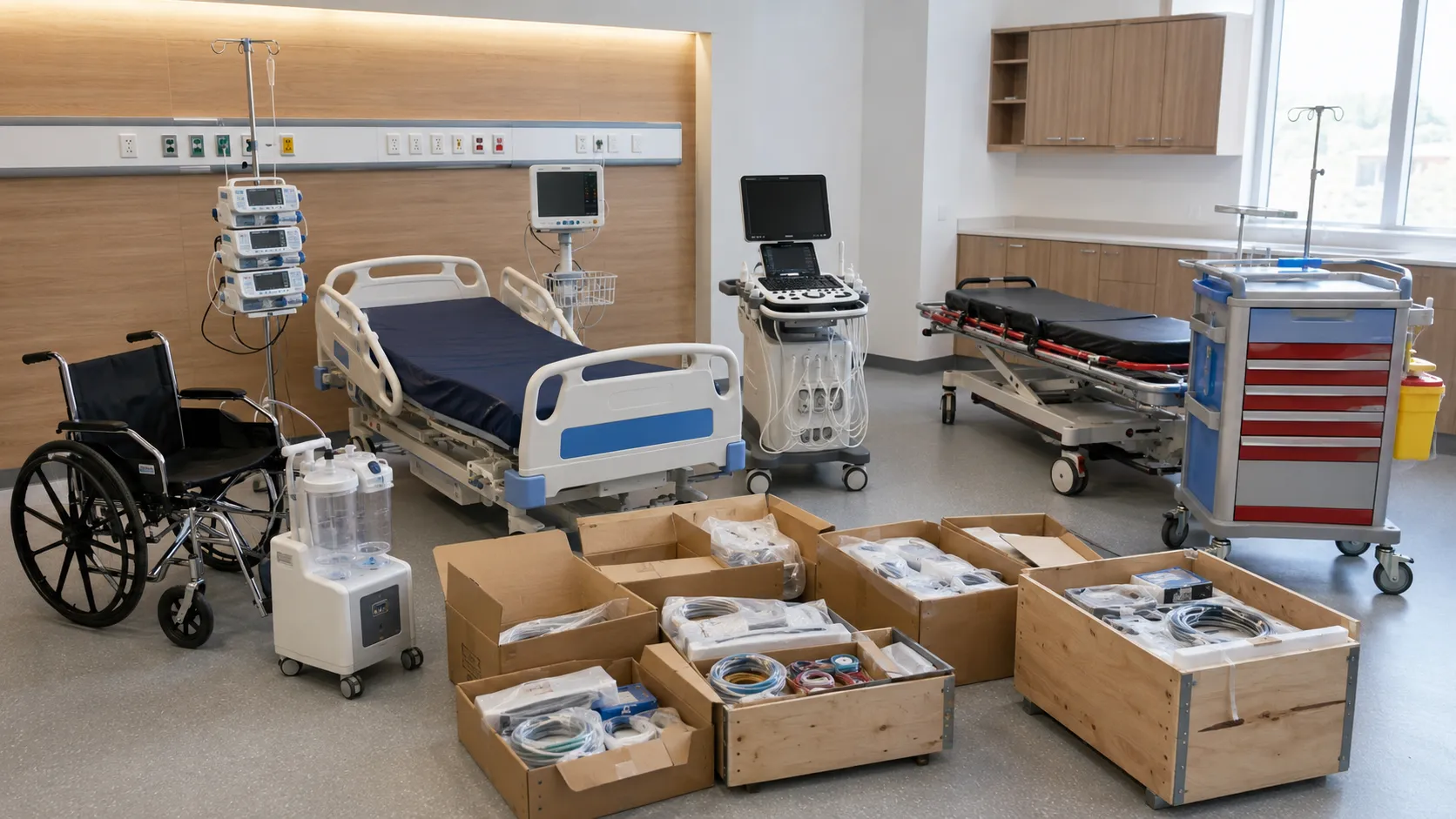 Healthcare project team planning medical equipment packages for a new hospital