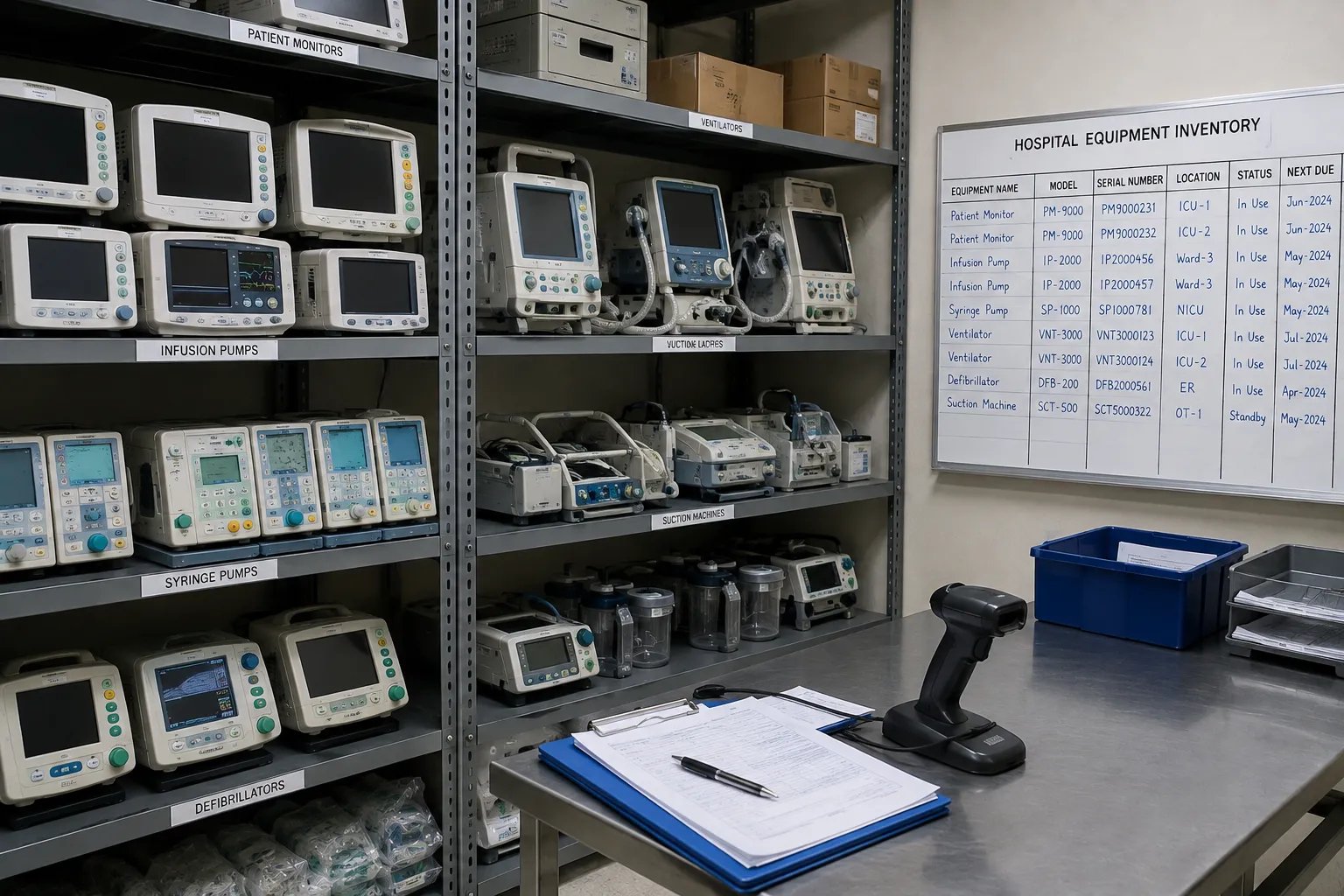 Healthcare managers reviewing hospital medical equipment inventory records