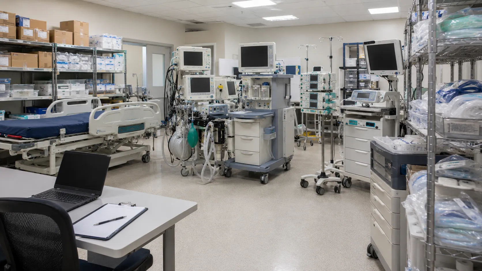 Healthcare planning team forecasting hospital medical equipment requirements