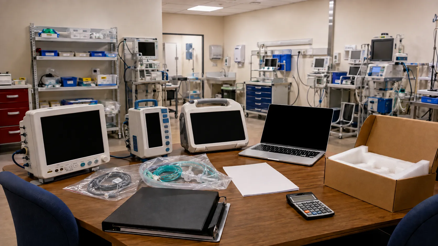 Healthcare buyer negotiating medical equipment terms with a supplier