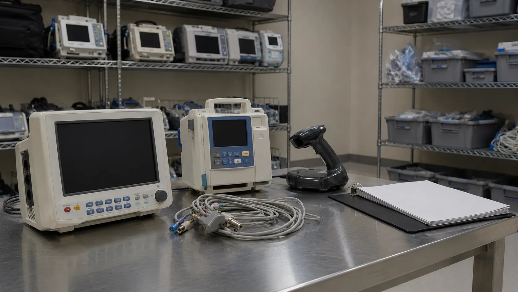 Hospital team reviewing medical equipment records and audit documents
