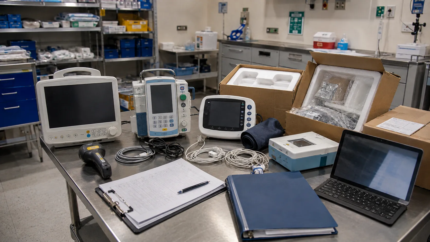 Healthcare procurement team checking medical equipment specifications and supplier quotations