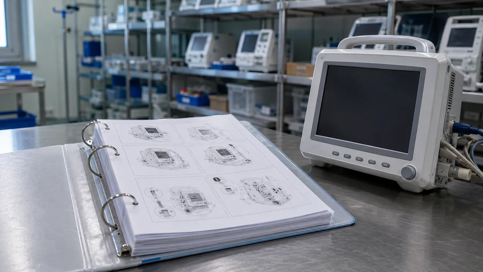Hospital team reviewing a medical equipment user manual and device records