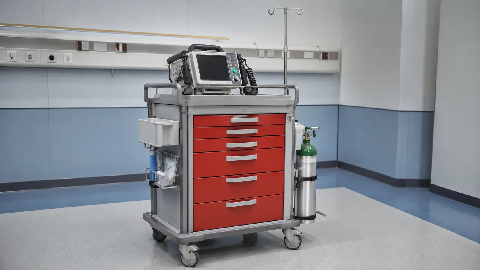Standardised hospital crash cart with defibrillator on top shelf and sealed drawers in a resuscitati