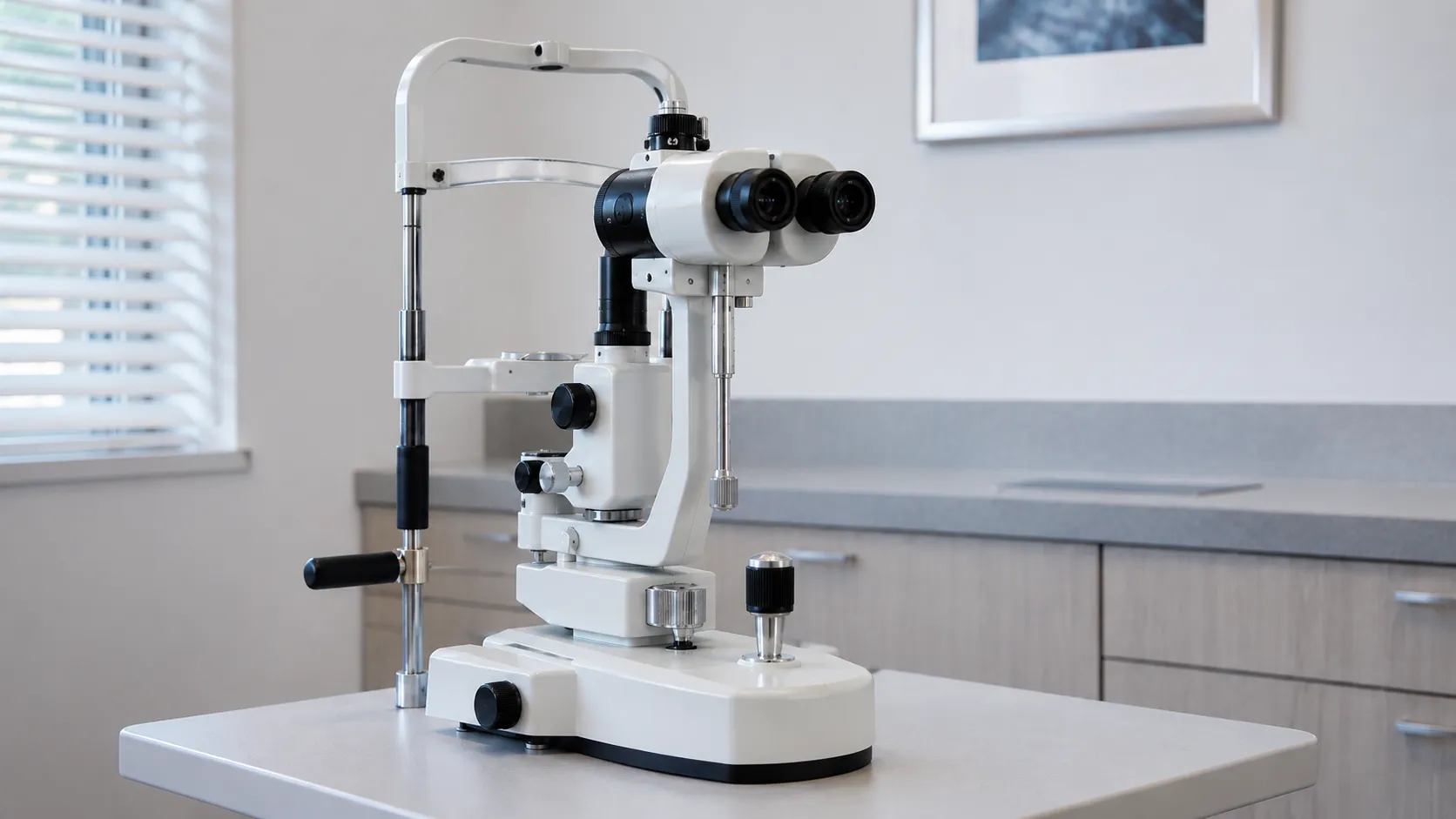 Optometrist measuring a patient's corneal curvature using a keratometer at a clinic slit-lamp statio