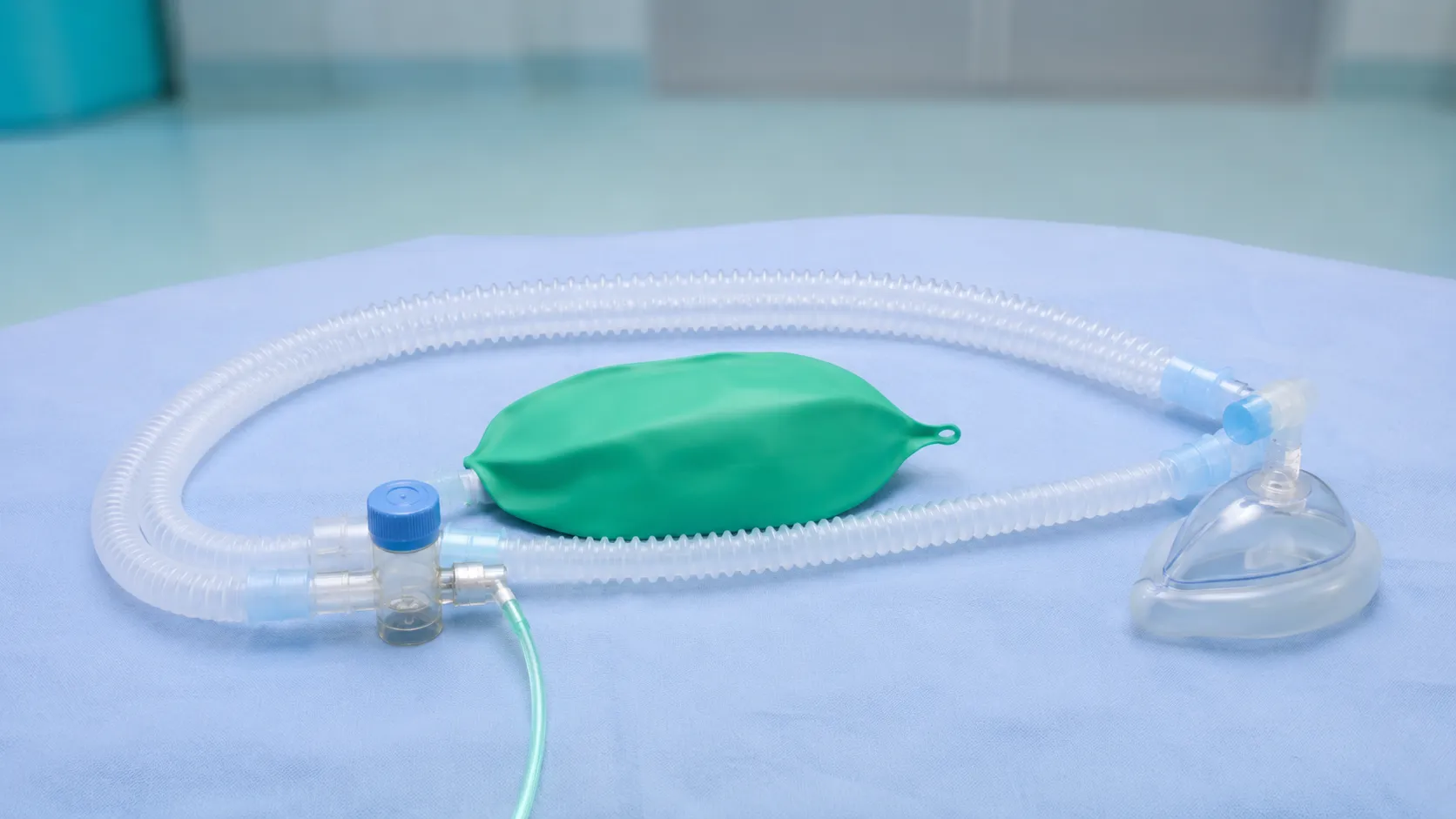 Magill Mapleson A breathing circuit with reservoir bag and APL valve laid out beside an Ayres T-piec