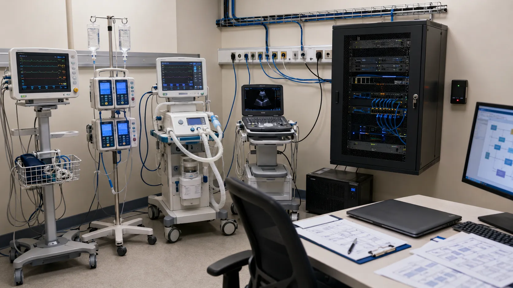 Hospital team reviewing cybersecurity requirements for connected medical equipment
