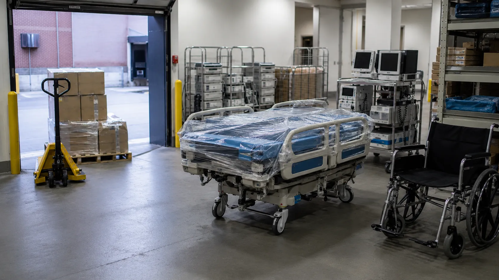 Healthcare logistics team receiving and inspecting delivered medical equipment