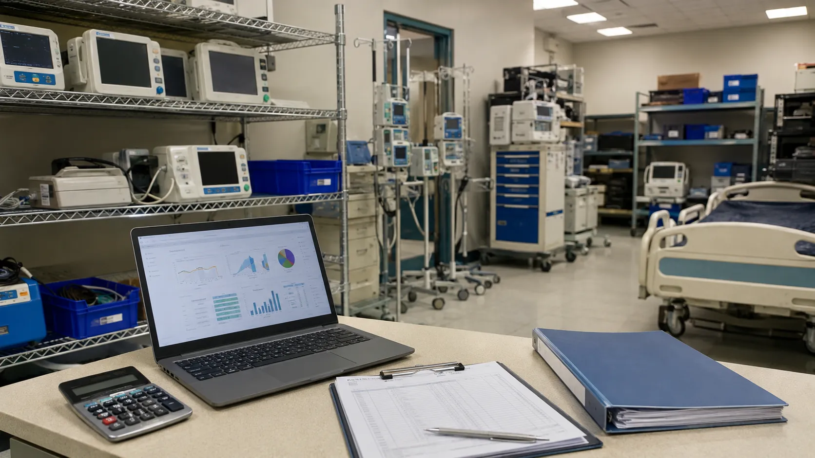 Healthcare managers reviewing medical equipment demand and capacity forecasts