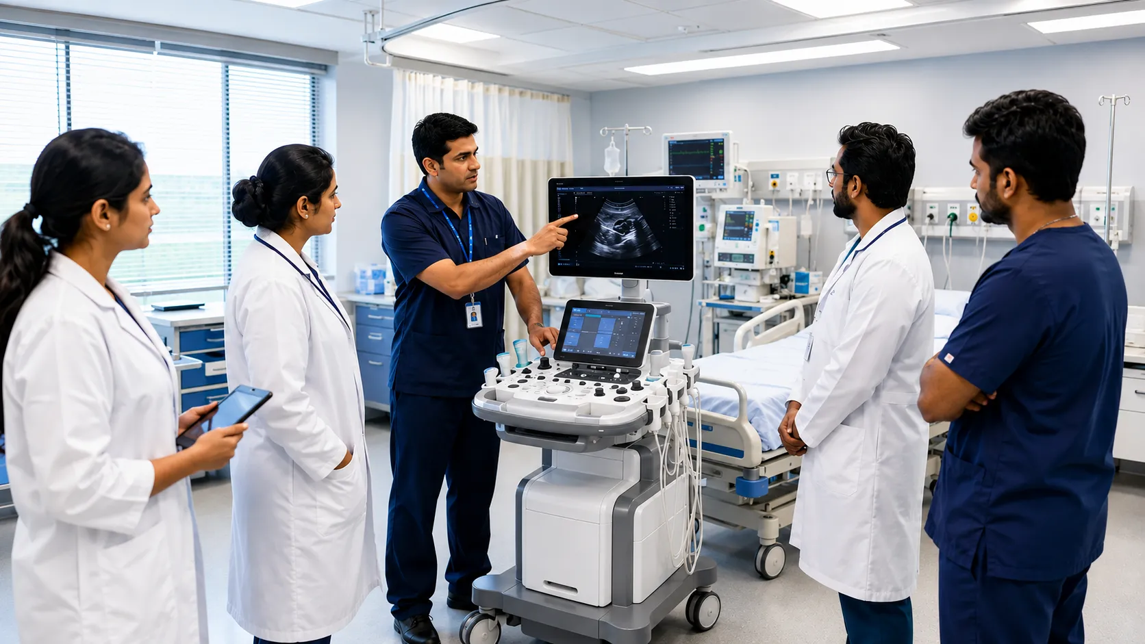 Hospital team evaluating medical equipment during a supplier demonstration
