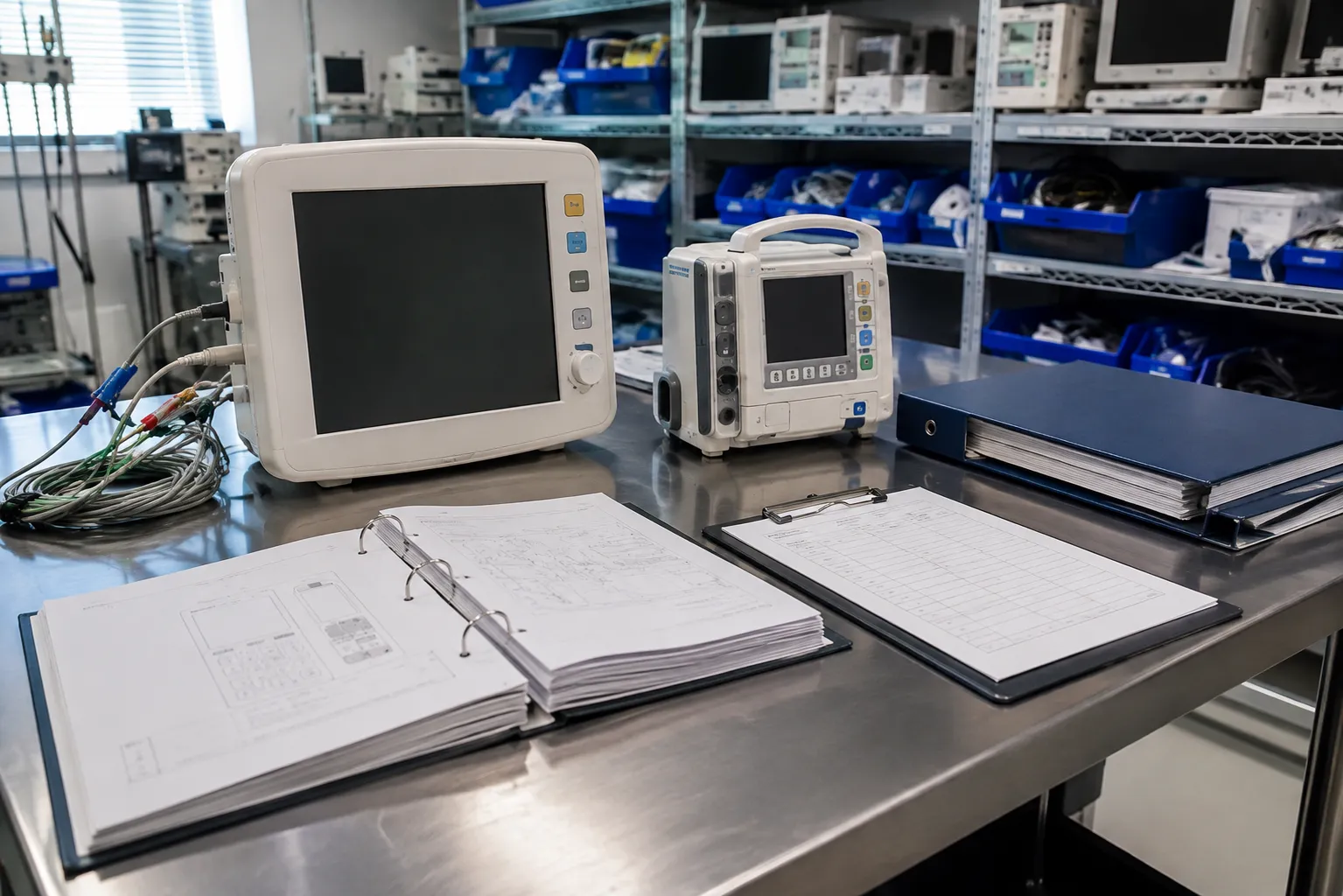 Healthcare team reviewing medical equipment documents and digital asset records