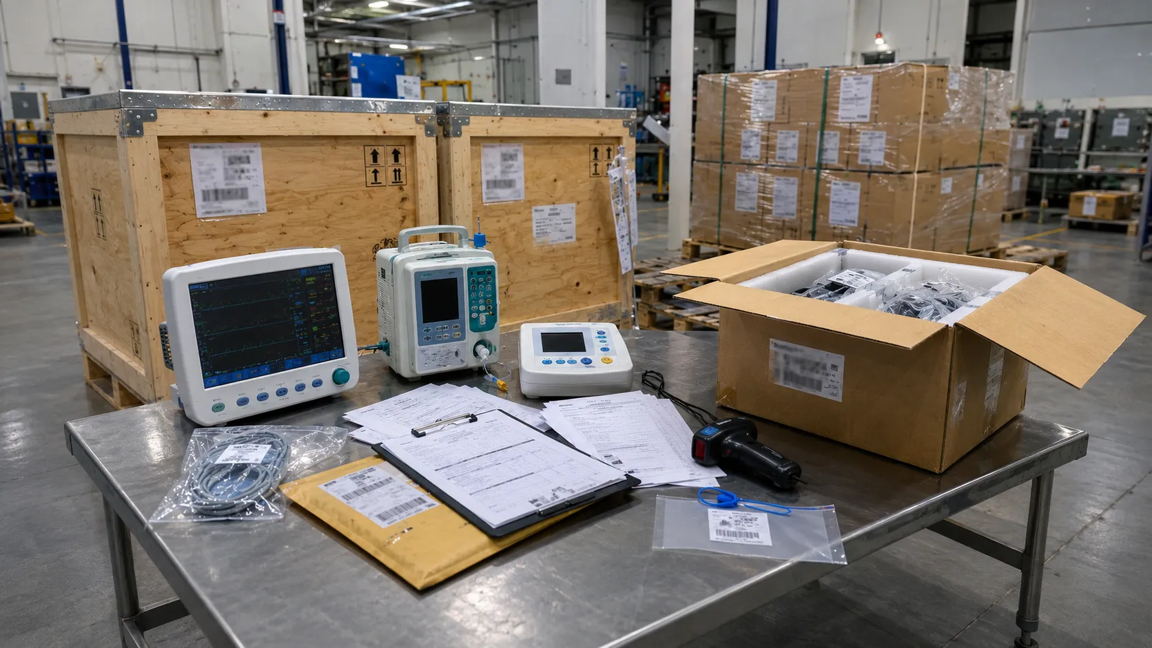 Healthcare buyer reviewing medical equipment import and shipping documents