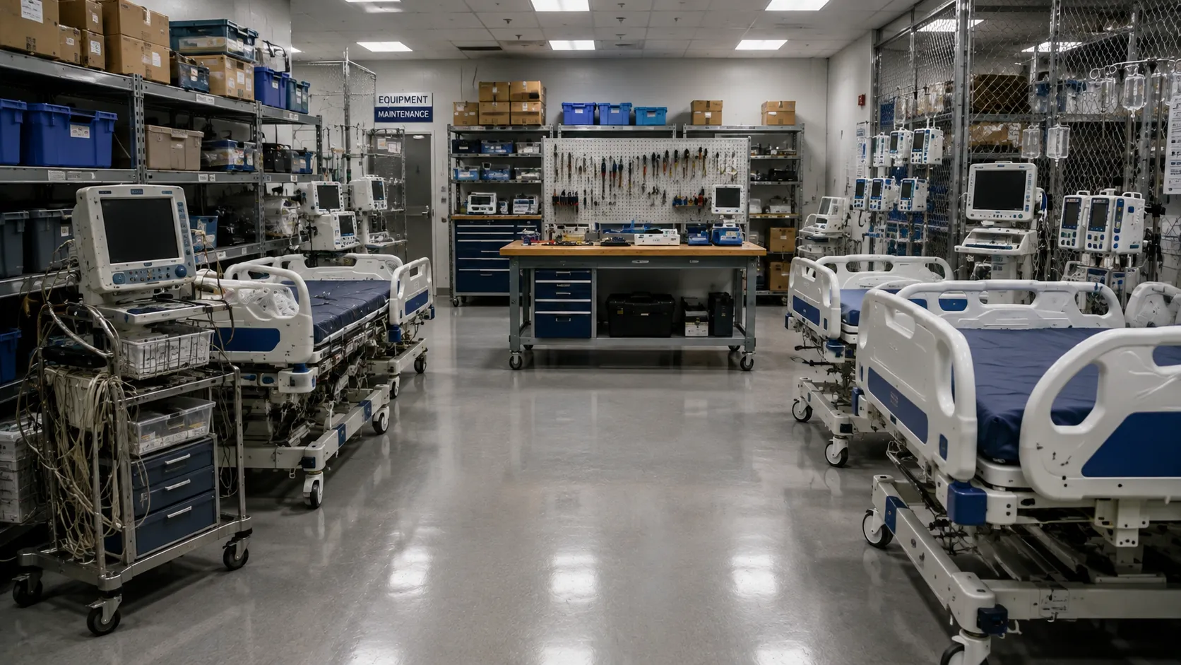 Healthcare managers reviewing medical equipment lifecycle and asset records