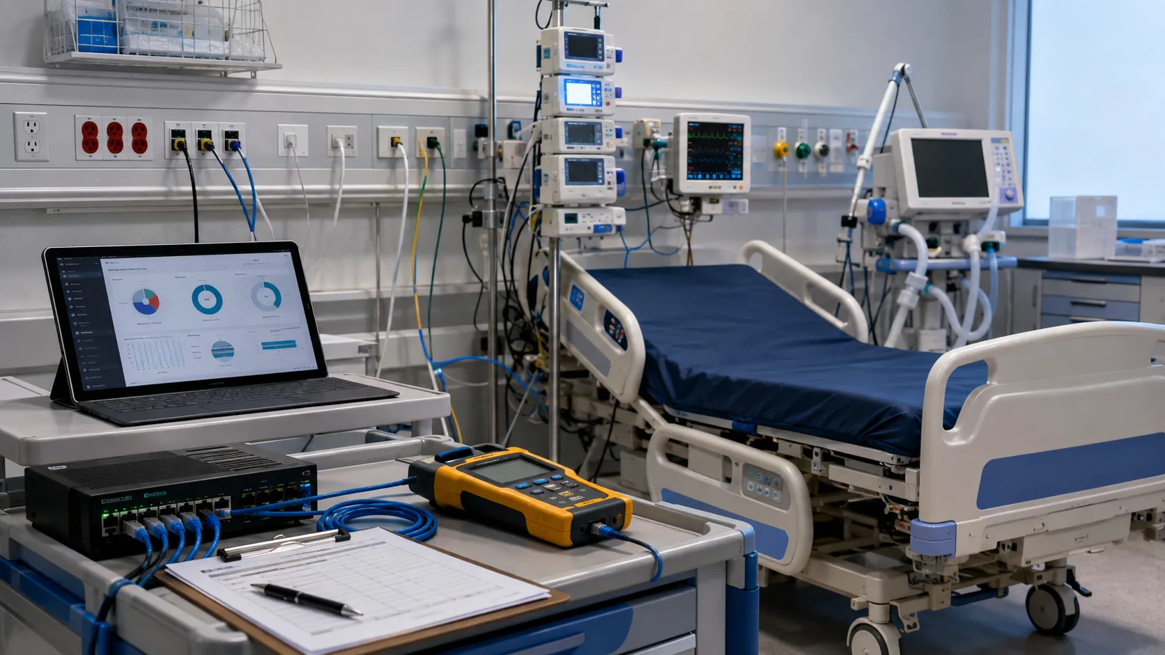Hospital team reviewing network readiness for connected medical equipment