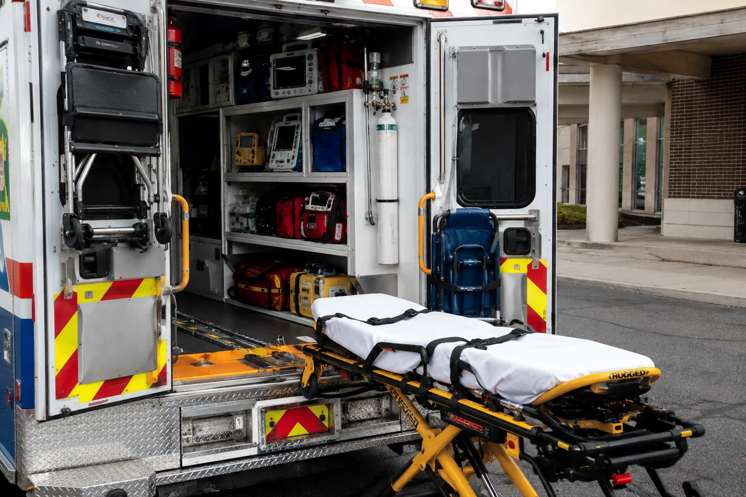 Hospital emergency team reviewing medical equipment for an ambulance fleet