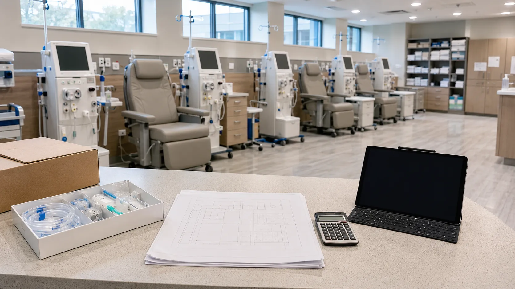 Hospital team reviewing equipment requirements for a dialysis centre