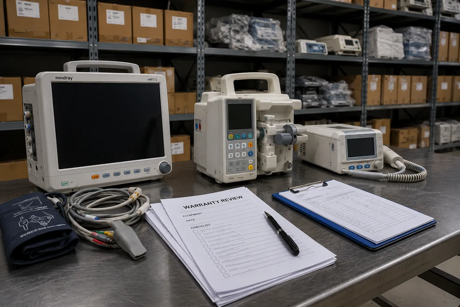 Healthcare buyers reviewing medical equipment warranty documents and service terms