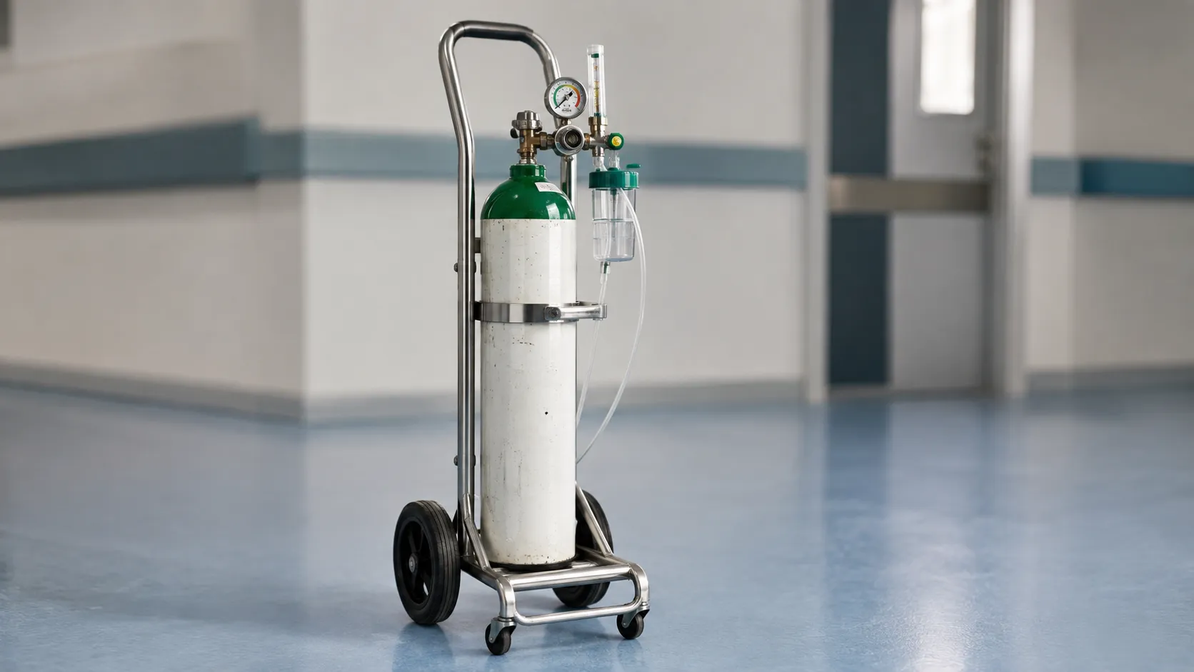 A row of colour-coded medical oxygen cylinders with integral valves stored upright in a ventilated b