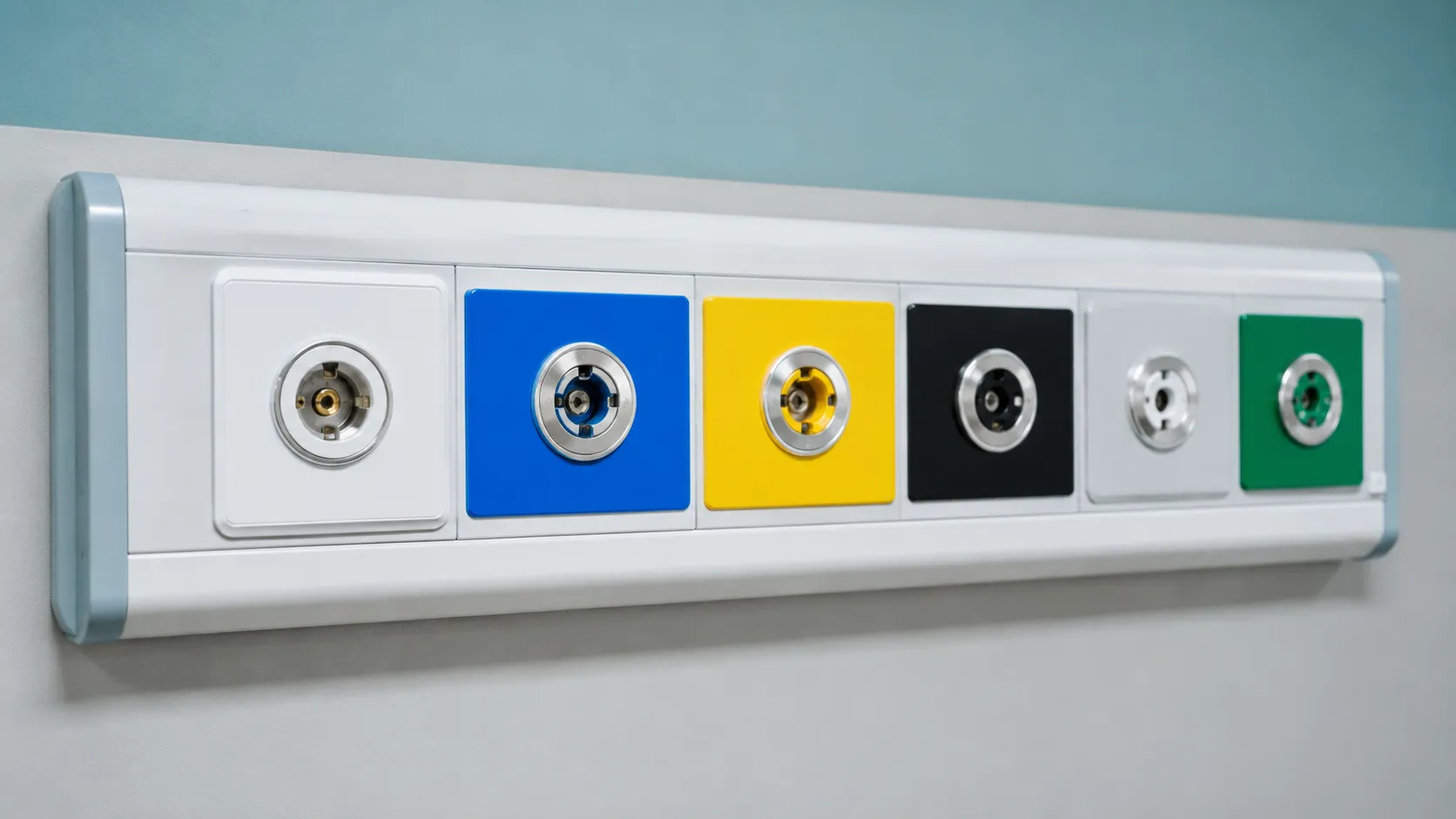 Bed-head medical gas terminal units with gas-specific oxygen, air and vacuum outlets on a hospital w