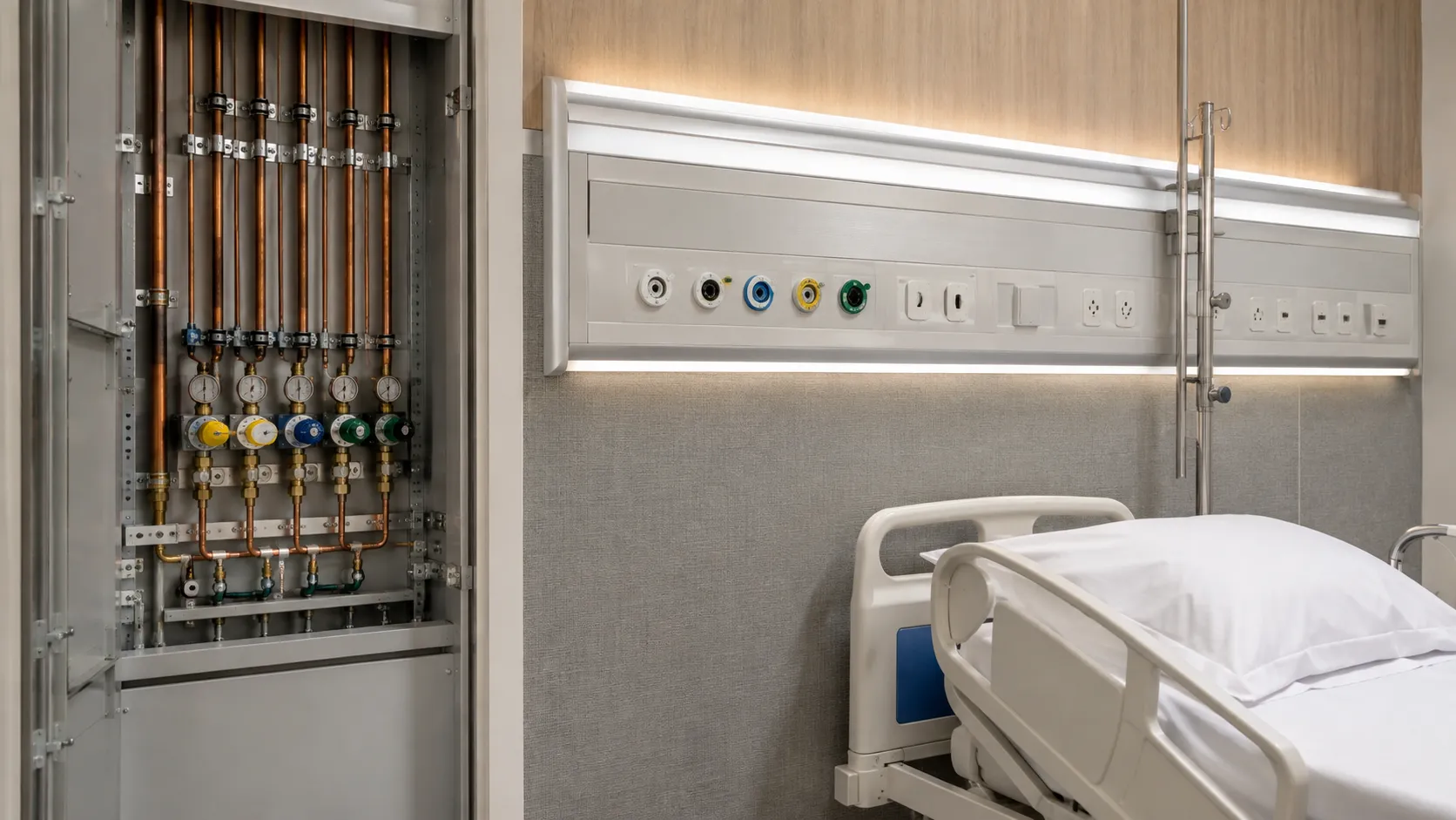 Medical gas pipeline system installed in a modern hospital room