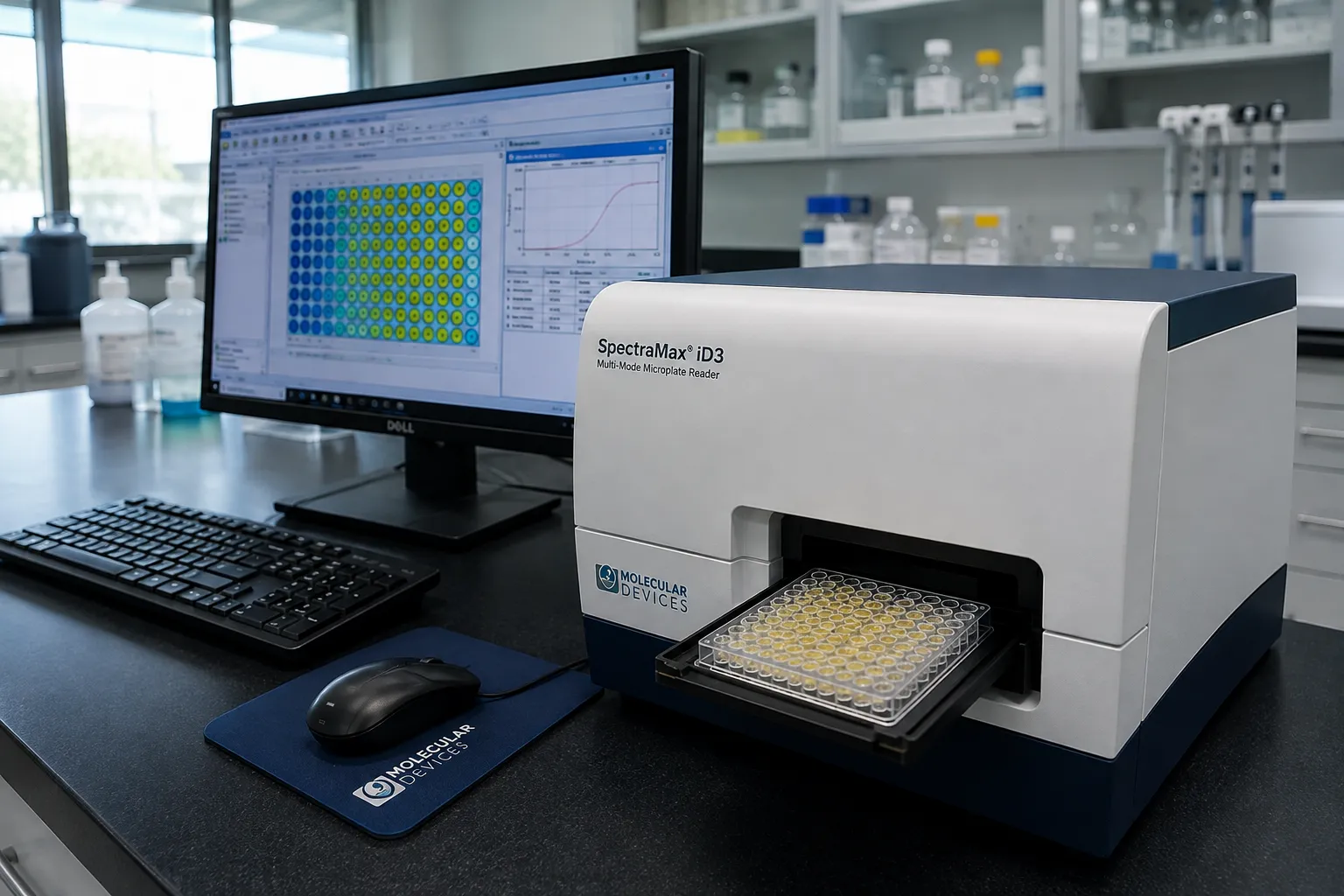 Microplate reader measuring a ninety-six-well ELISA plate on a laboratory bench with a plate washer 