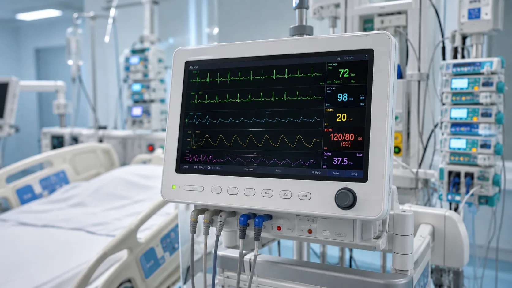Bedside multi parameter monitor displaying ECG, oxygen saturation, blood pressure and capnography tr