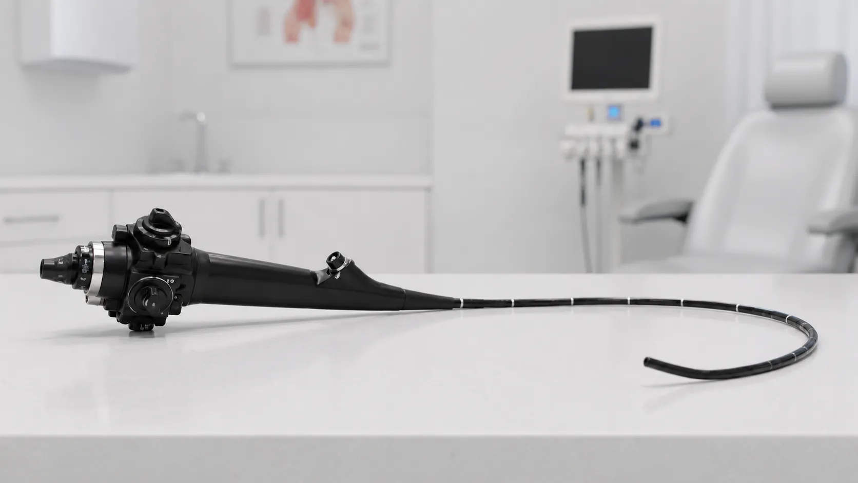 ENT clinician passing a flexible nasopharyngoscope to view a patient's upper airway on a monitor